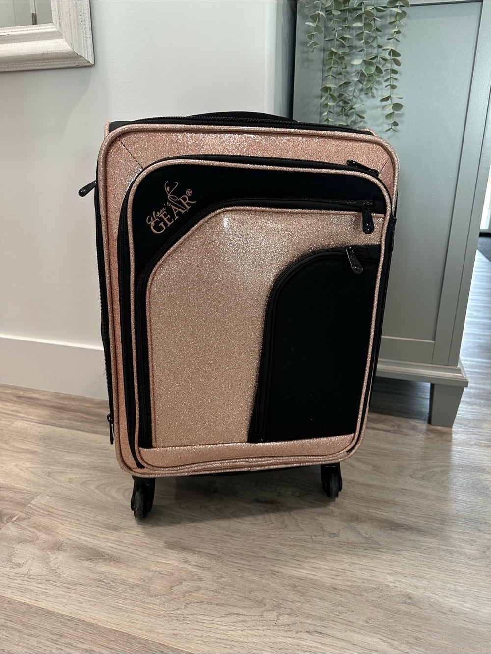 Glitter Rose Gold Carry-On Suitcase with Black Accents